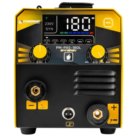 PM-PAS-180L migomat inwertorowy synergiczny FLUX MMA TIG 180A Powermat - panel przedni z wyświetlaczem LCD PM-PAS-180L migomat inwertorowy synergiczny FLUX MMA TIG 180A Powermat - panel przedni z wyświetlaczem LCD